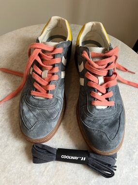 Coolway Gray Suede Sneakers with Coral Laces and Yellow Heel